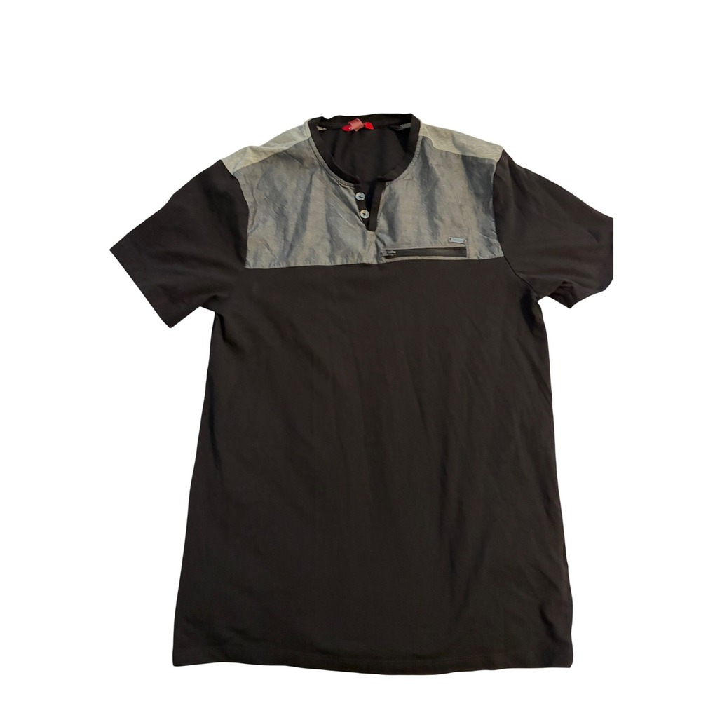 Guess Henley Shirt Modern Colorblock Black Grey Zipper Pocket Small
